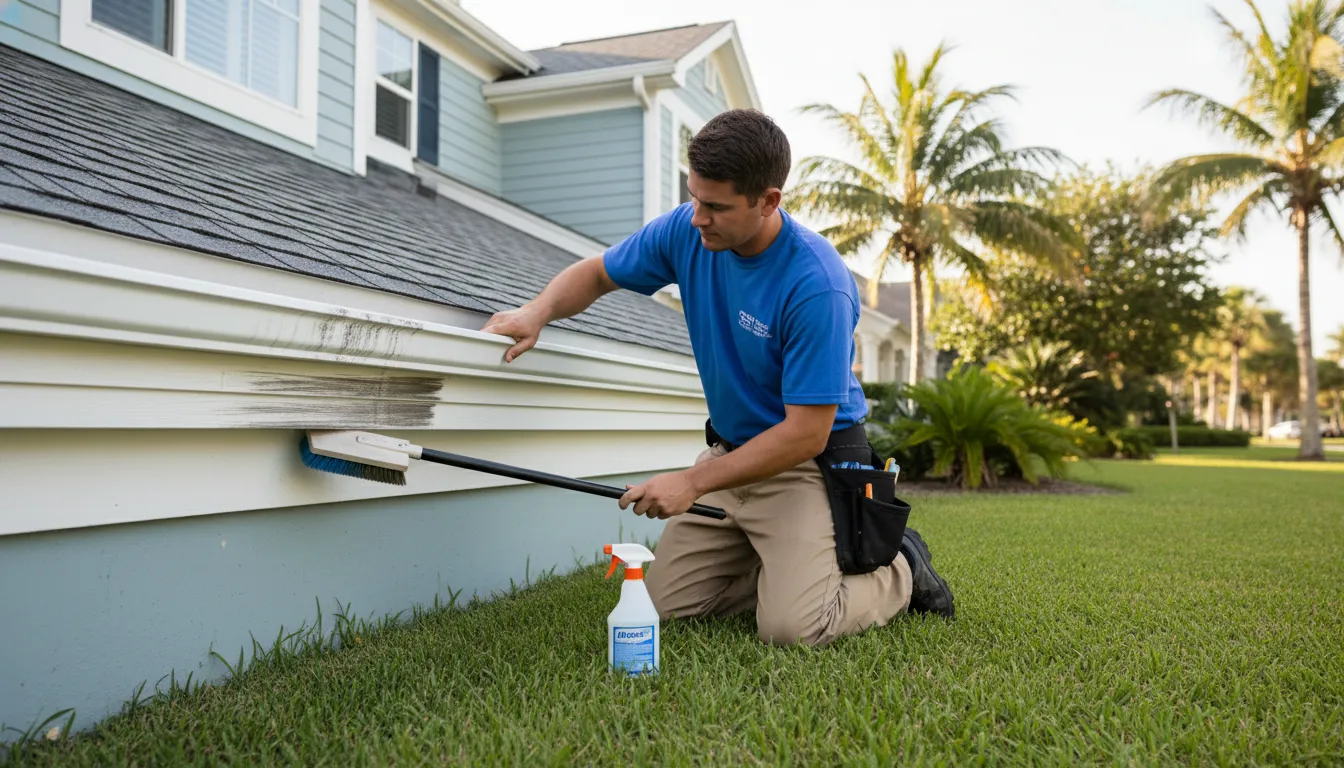 Gutter brightening treatment for stained gutters on a Long Island home