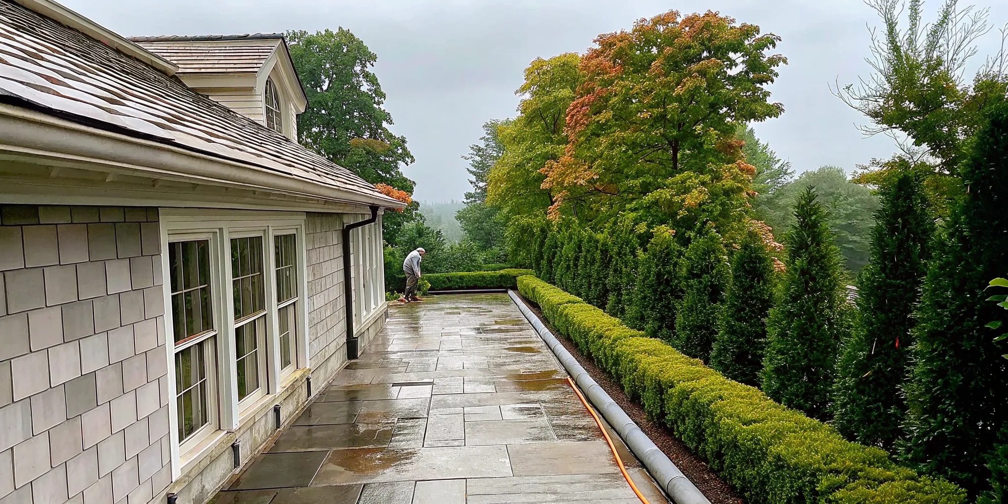 Professional performing a pre-storm gutter inspection at a premium Long Island home