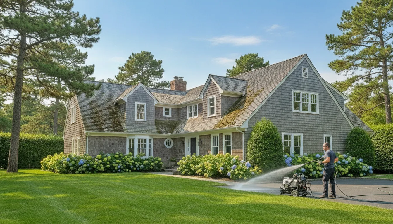 Shaded Long Island roof with organic growth near coastal trees