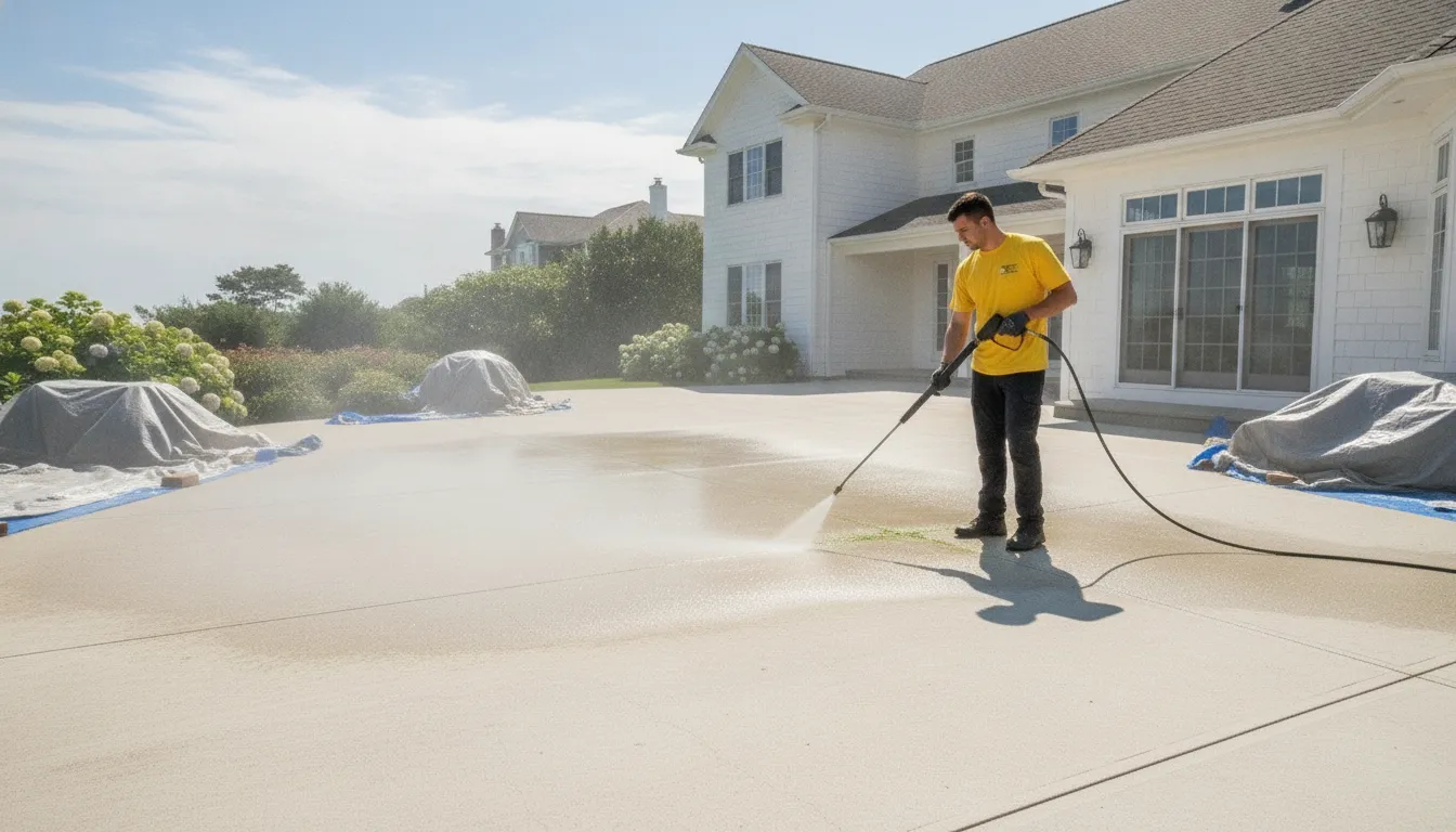 Technician showing how to remove green algae from concrete patio surfaces safely