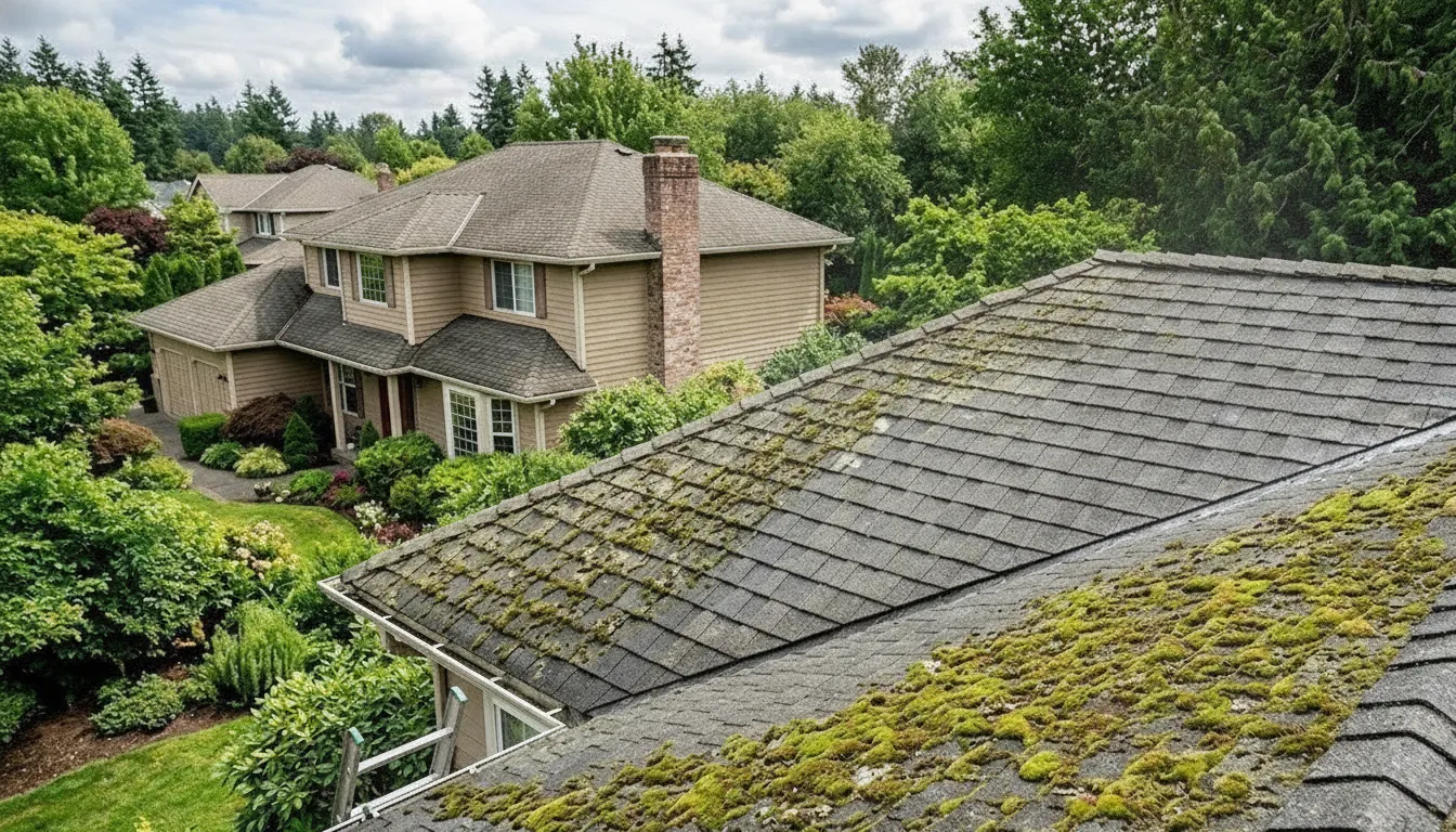 Low-pressure soft washing of a coastal Long Island roof