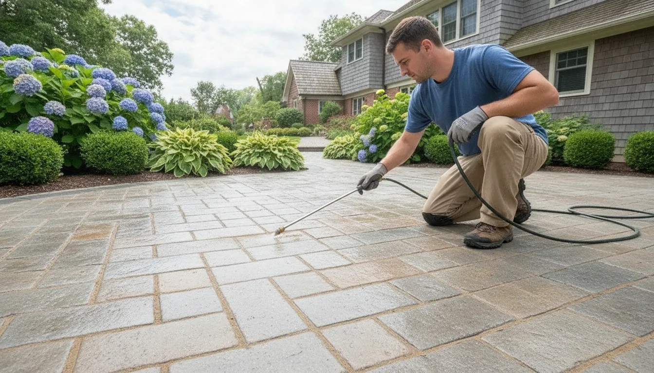 Clean interlocking pavers and prepared joints on a Long Island patio