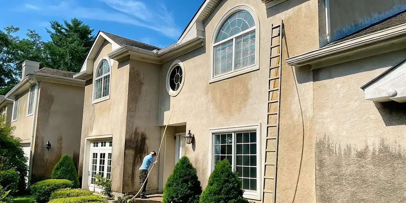 Gulf2Bay Softwash technician assessing a Long Island stucco exterior before low-pressure cleaning