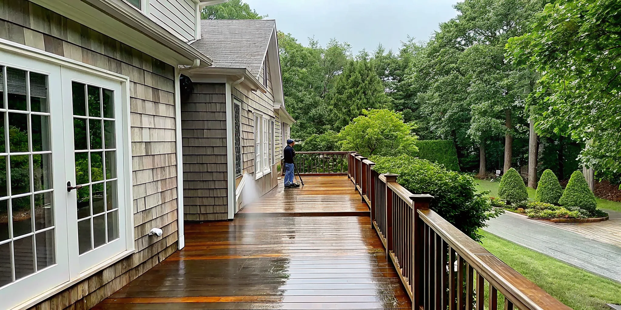 Professional soft washing an Ipe hardwood deck on a Hamptons luxury estate using low-pressure chemical cleaning