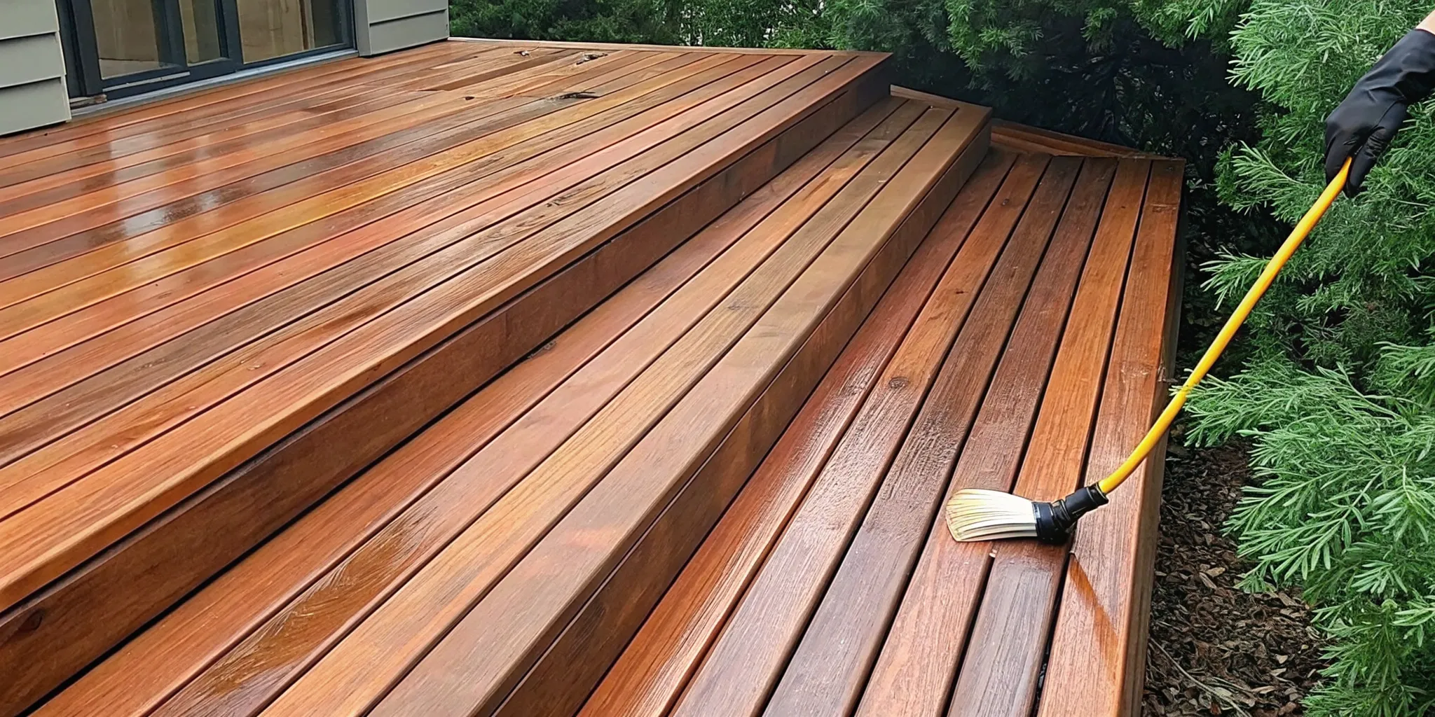 Brazilian Rosewood Oil being applied to an Ipe hardwood deck surface during professional restoration on a Hamptons coastal property