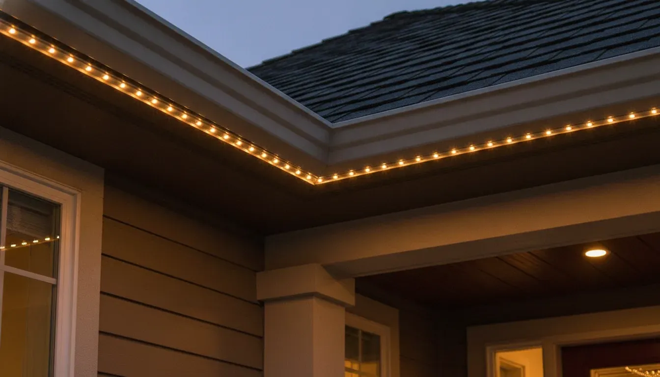 Discreet permanent LED holiday light track mounted along the roofline of a luxury home