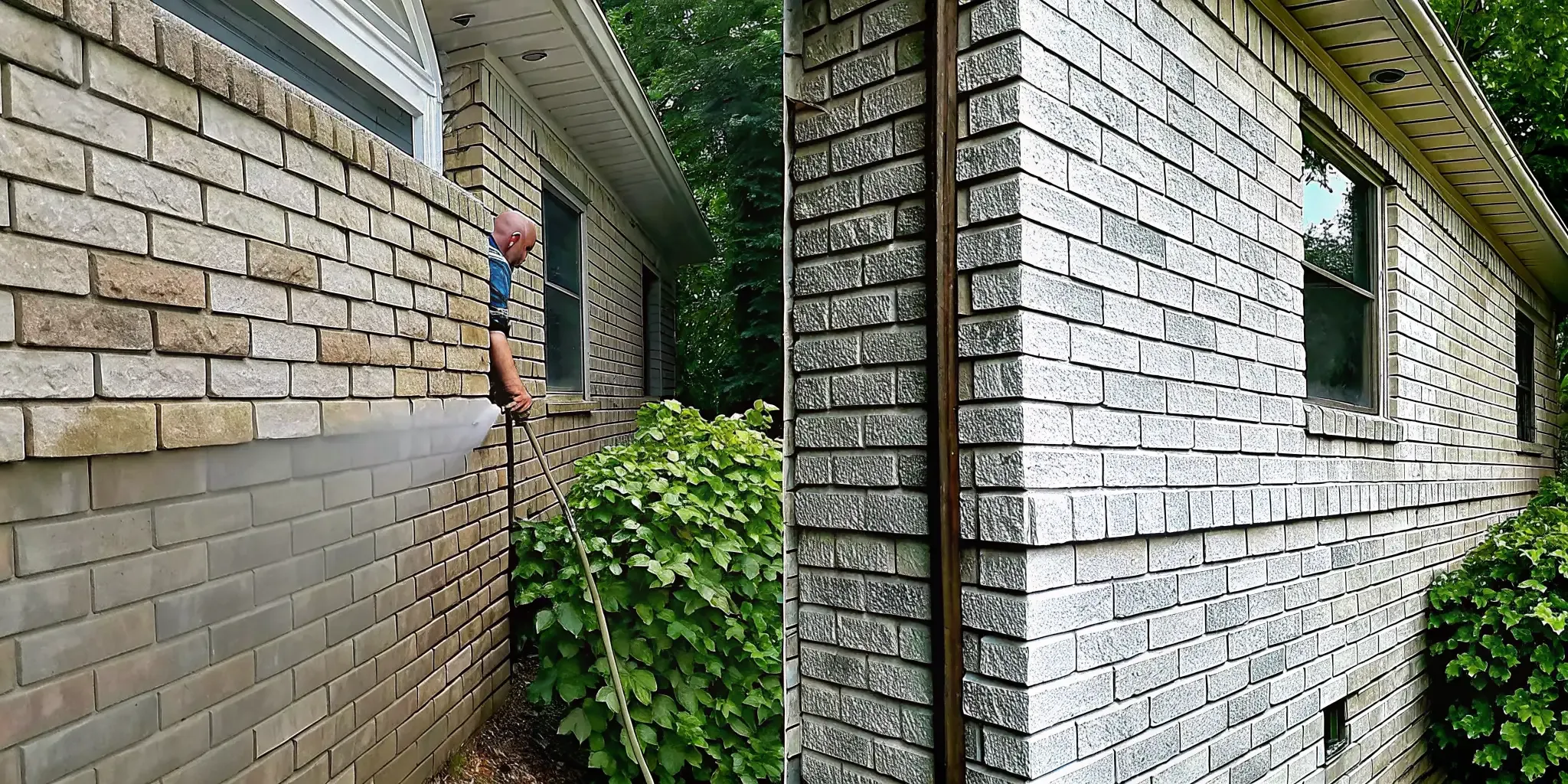 Masonry restoration technician soft washing a brick wall on a Long Island home