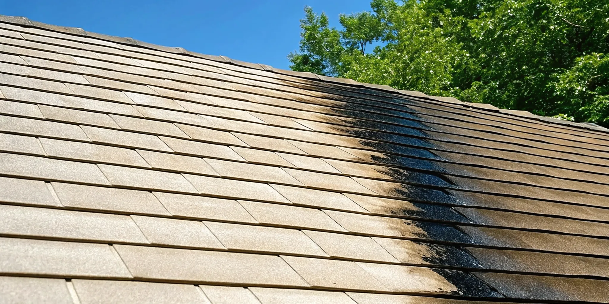 Close-up of black Gloeocapsa magma algae streaks on asphalt roof shingles showing biological growth pattern