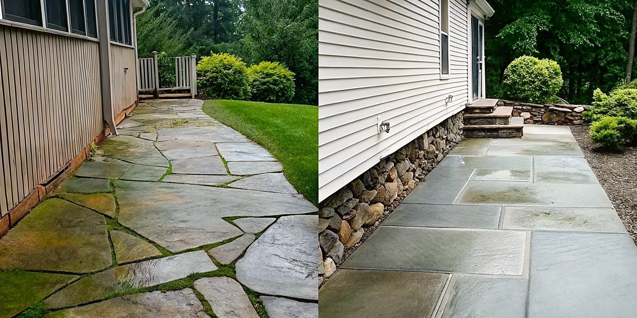 Green algae buildup beside clean poured concrete on a Long Island patio