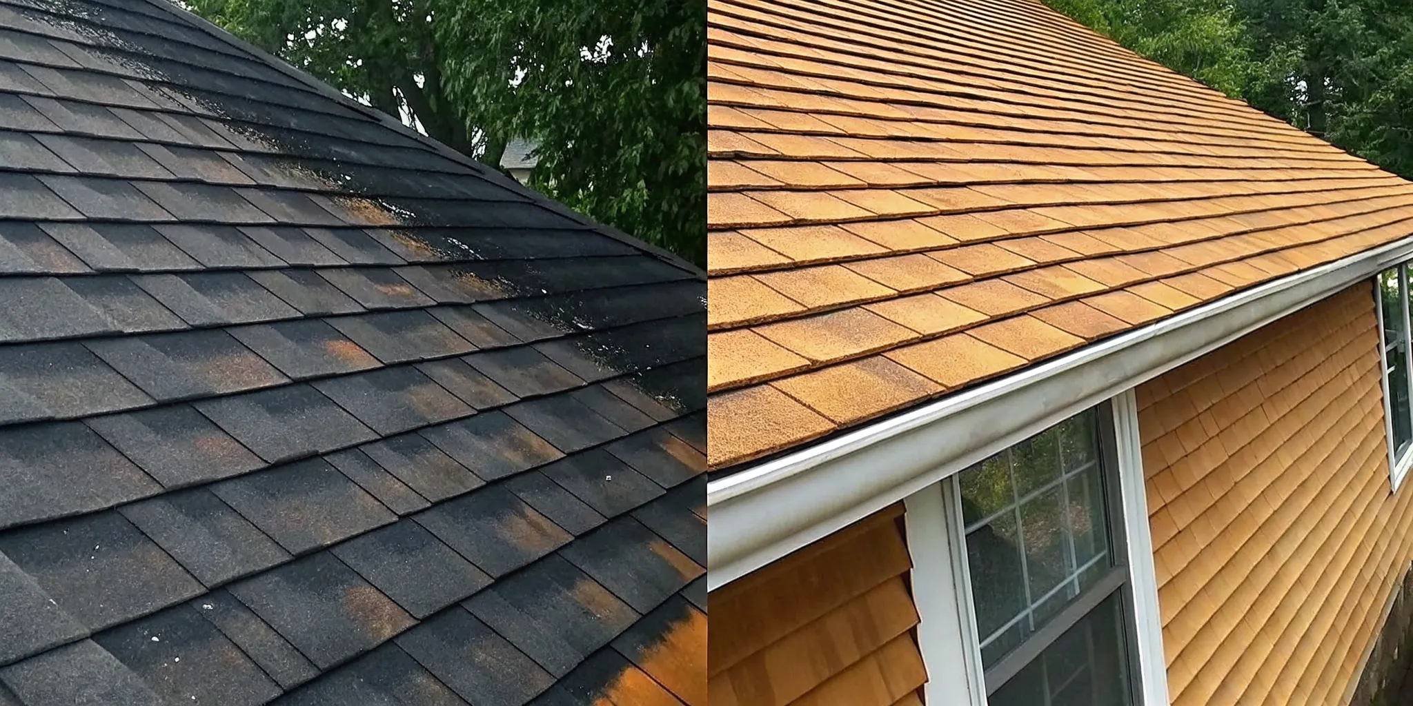 Before and after comparison of residential roof cleaning showing dark algae-covered shingles transformed to clean bright surface after professional soft washing