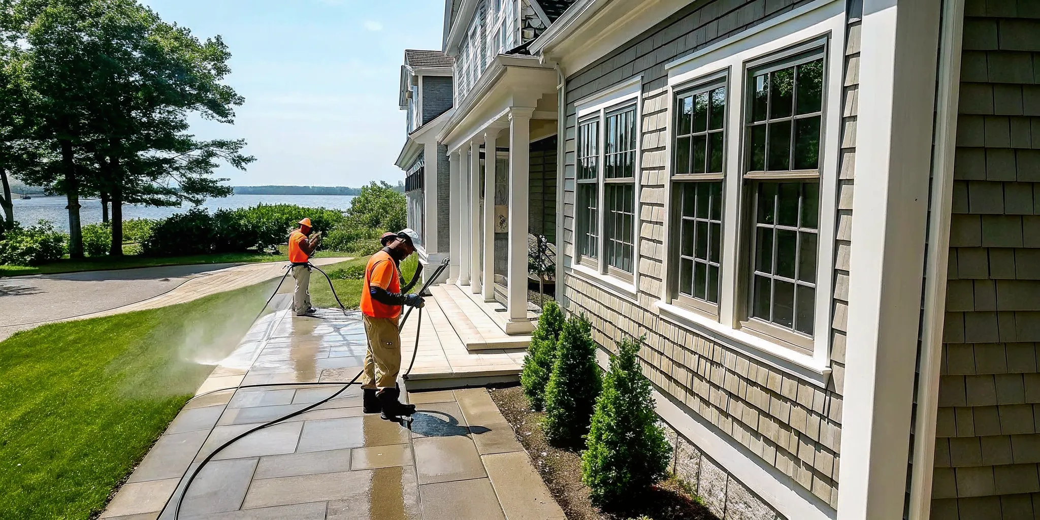 Professional exterior cleaning crew soft washing a Long Island colonial home with cedar siding