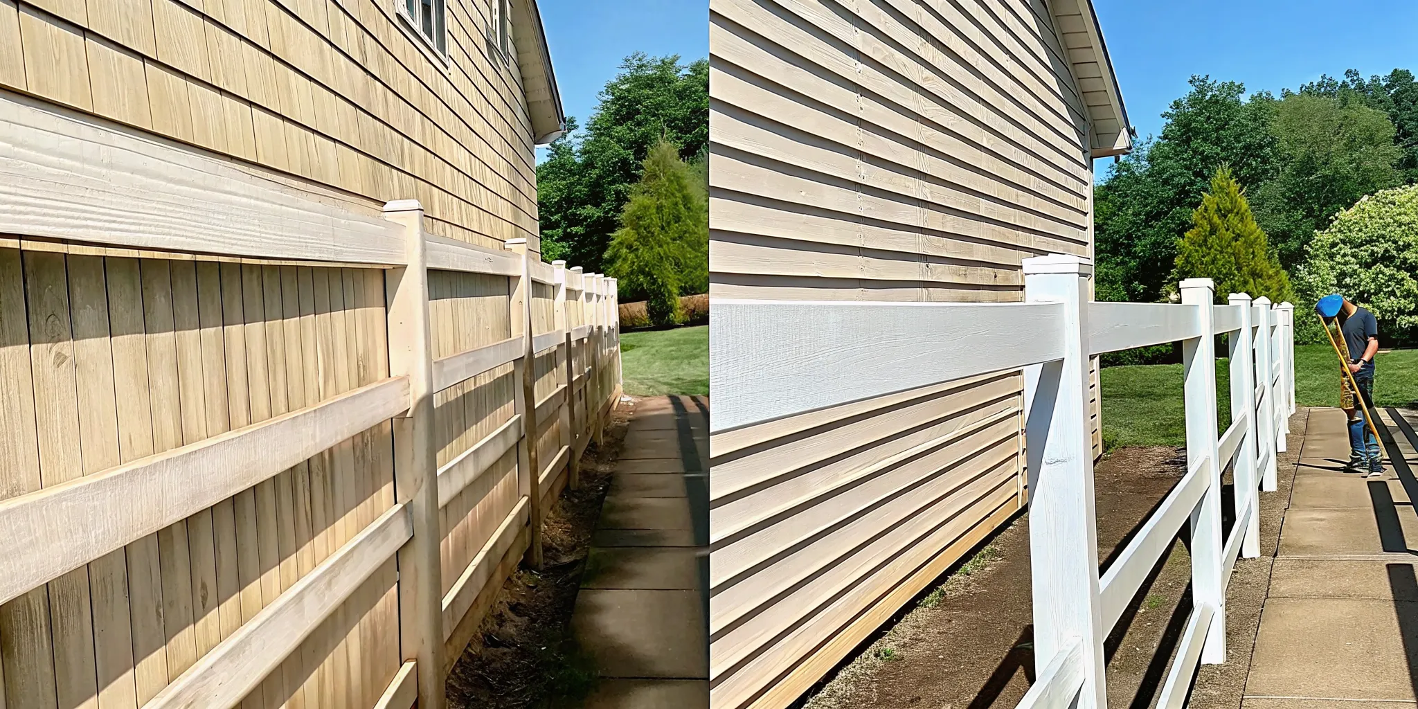 Professional comparing wood and vinyl fence cleaning at a landscaped Long Island home