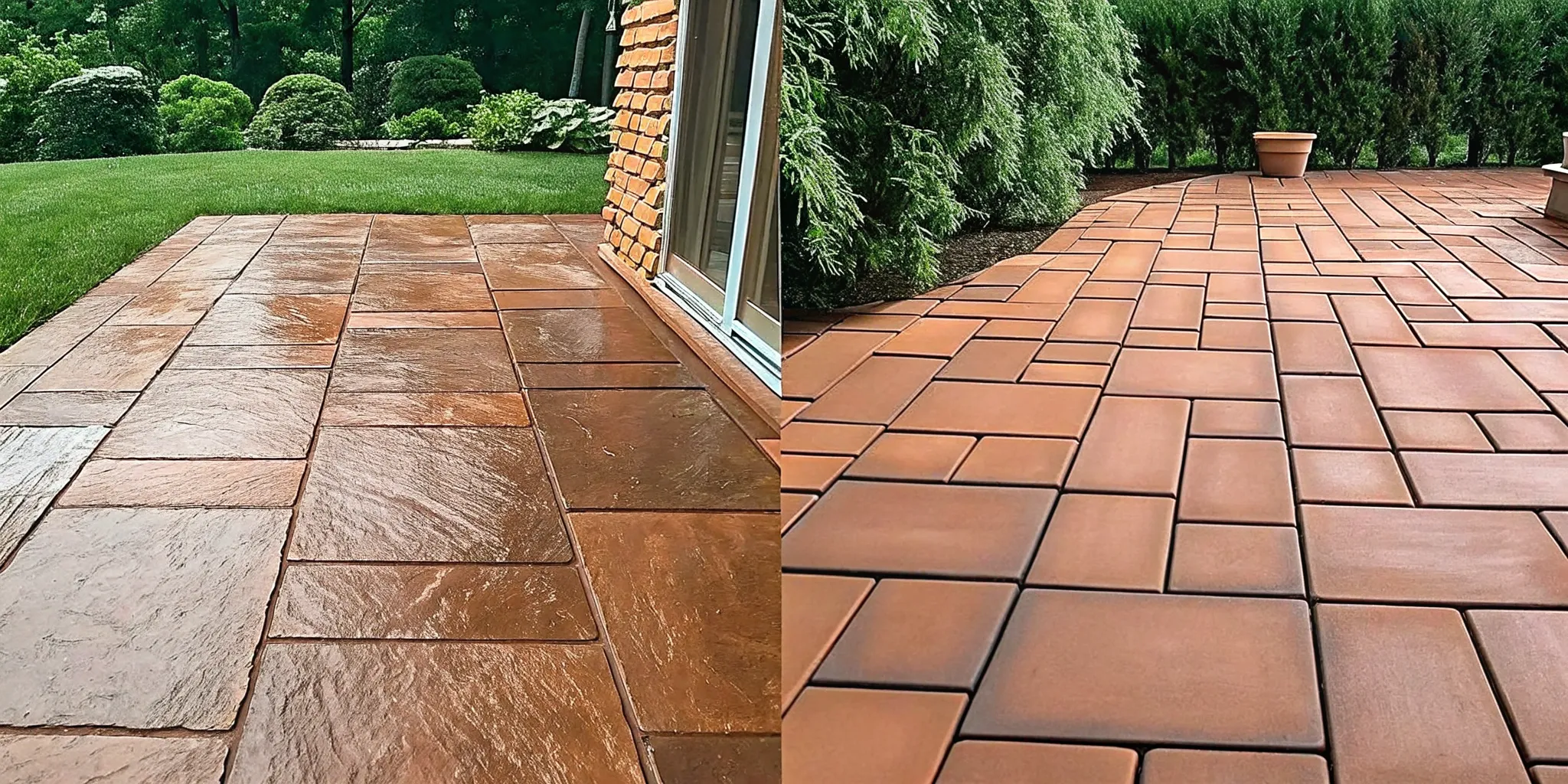 Natural-look and enhanced-color sealed pavers on a Long Island patio