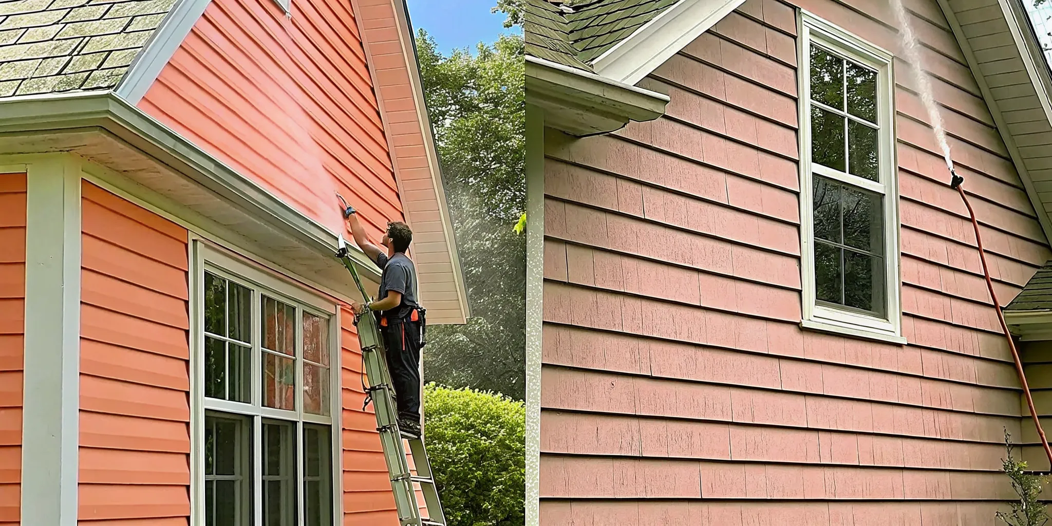 Technician soft washing white gutters on a two-story Long Island home with tiger stripes visible on one section