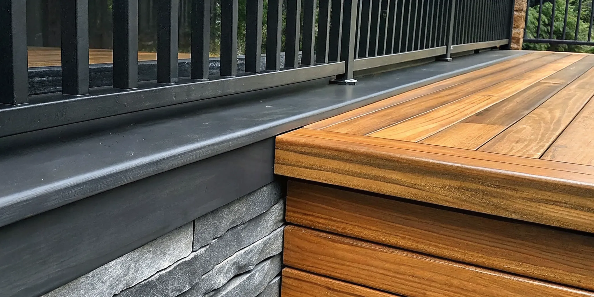 Close up of Ipe hardwood deck board surface showing rich brown wood grain texture