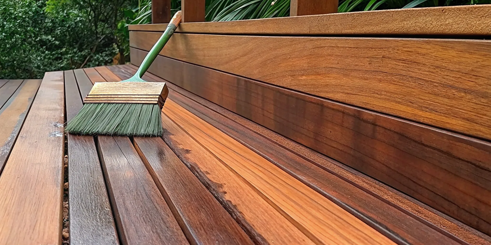 Applying Brazilian Rosewood Oil to an Ipe deck with a brush, rich dark wood tones