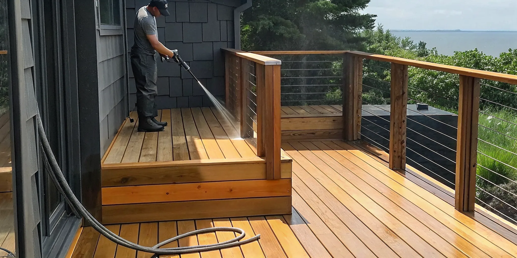 Professional soft washing an Ipe hardwood deck on a Long Island coastal property with low-pressure spray