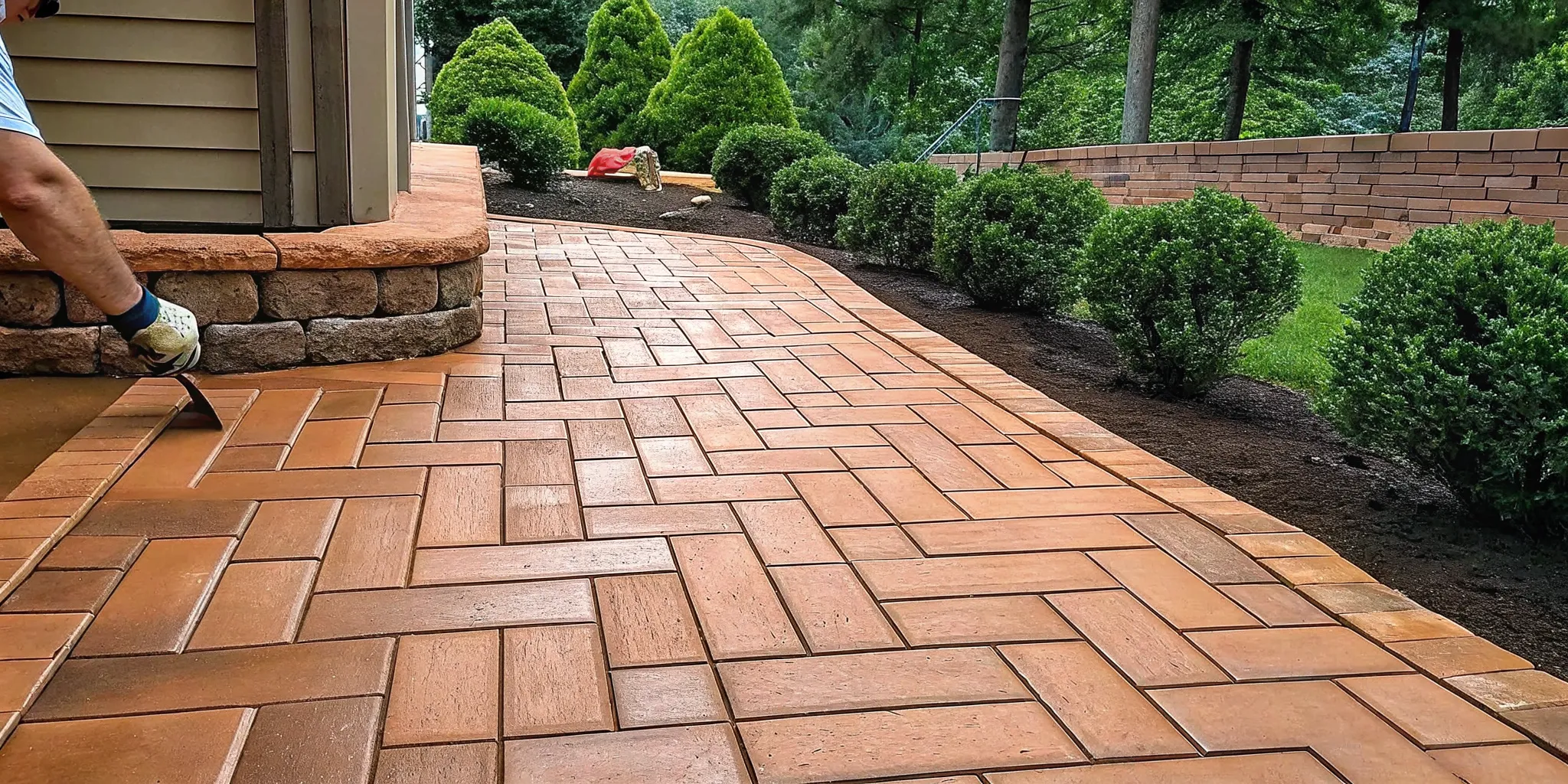 Professional applying joint sand during Long Island paver restoration