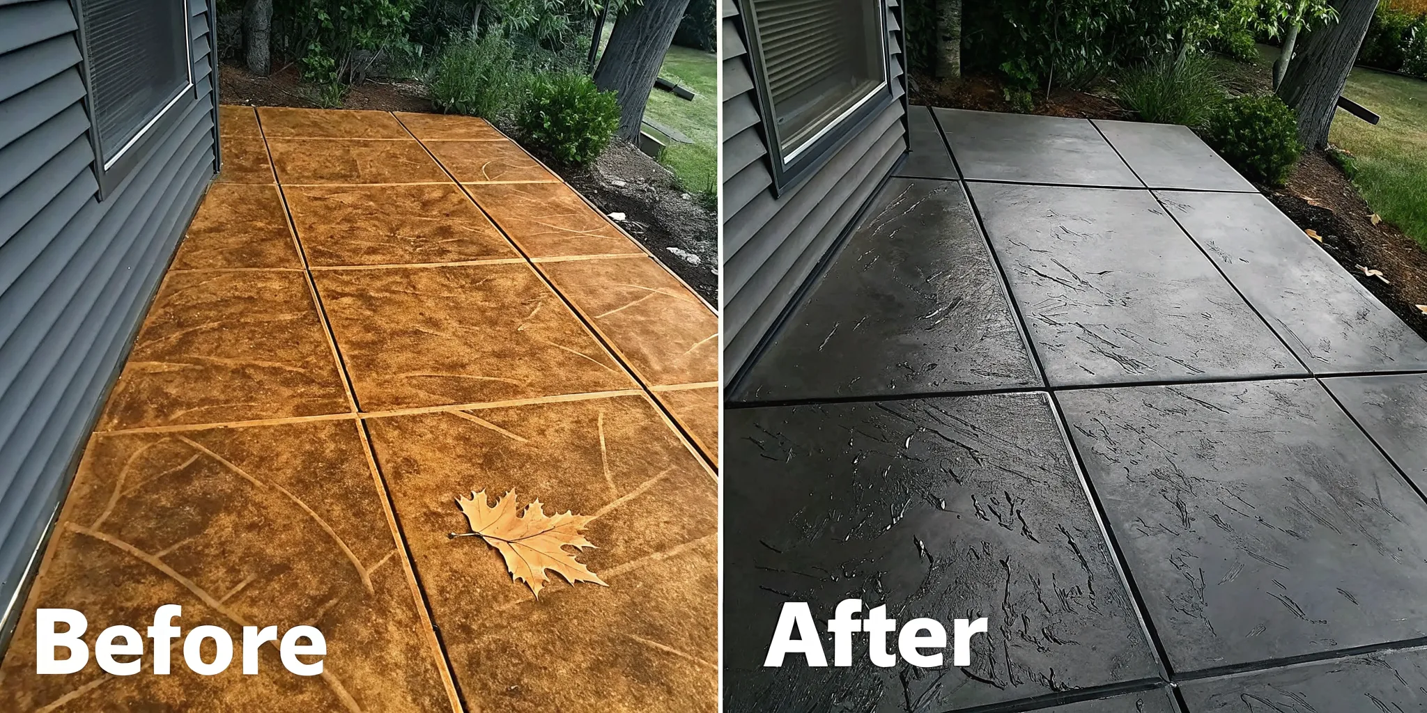 Brown leaf stains and a restored clean section of poured concrete patio