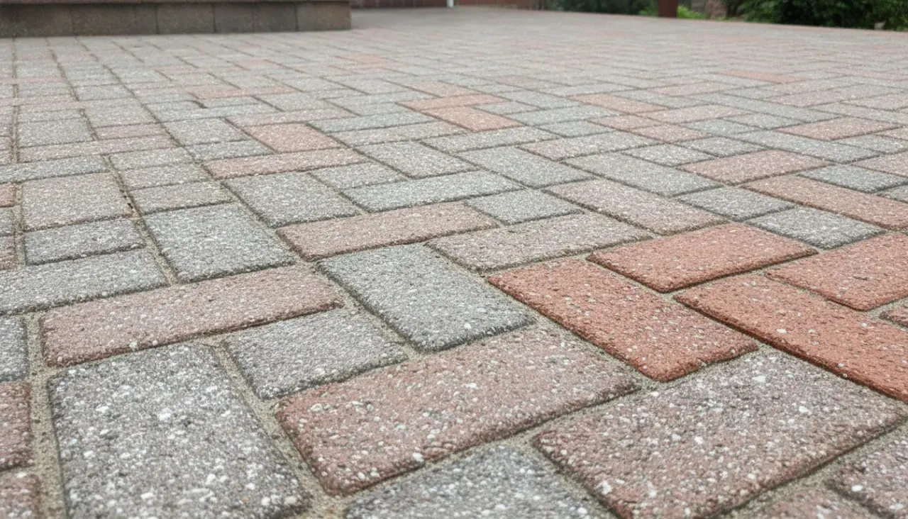 Close-up of a brick paver patio showing restored rich red tone beside faded chalky grey pavers with white efflorescence haze