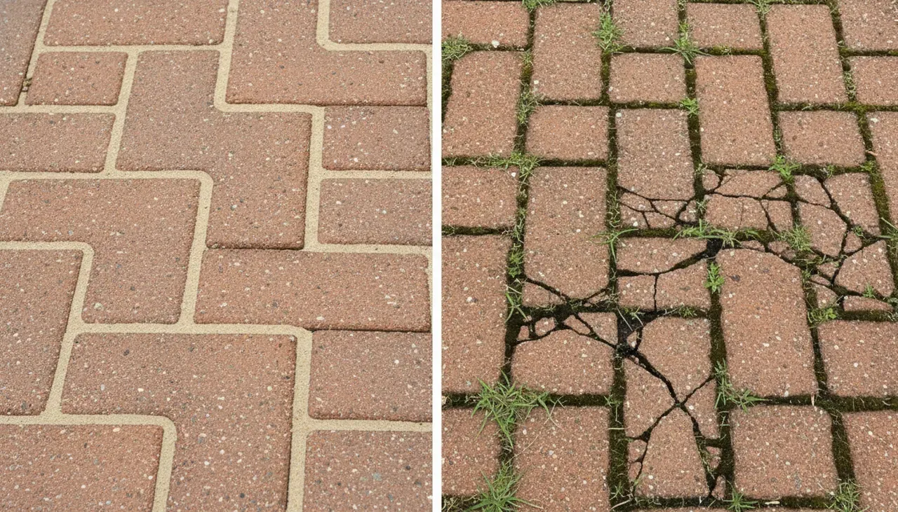 Paver patio joints with healthy sand versus weeds pushing through gaps before a Long Island paver sealing service