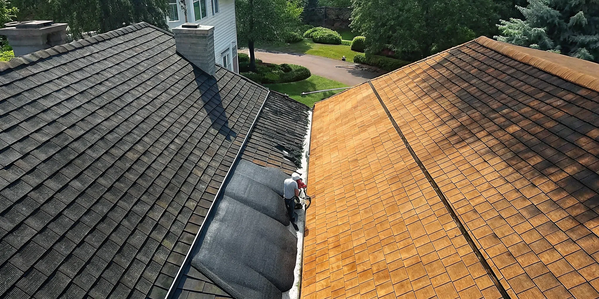 Black streaks on roof shingles before professional soft washing