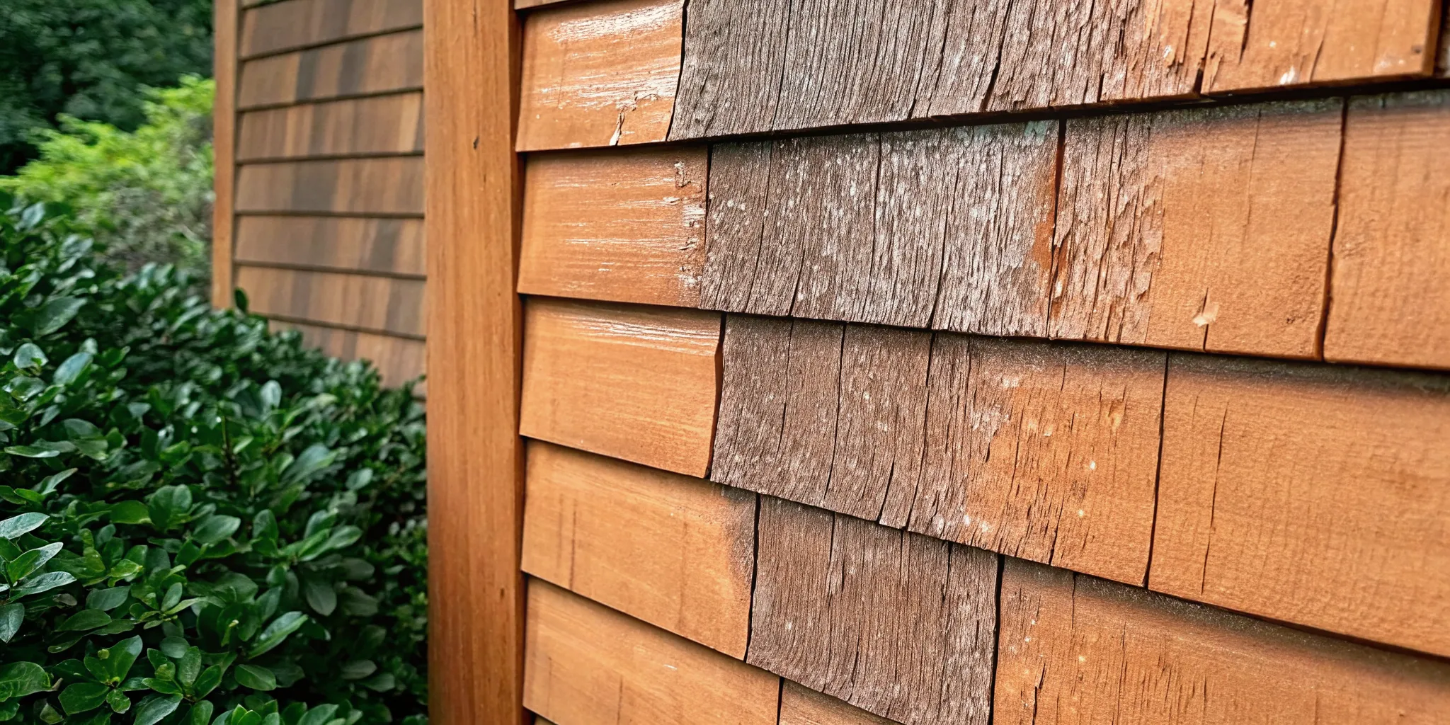 Salt-damaged cedar siding on a coastal Hamptons home showing gray discoloration and wood fiber deterioration