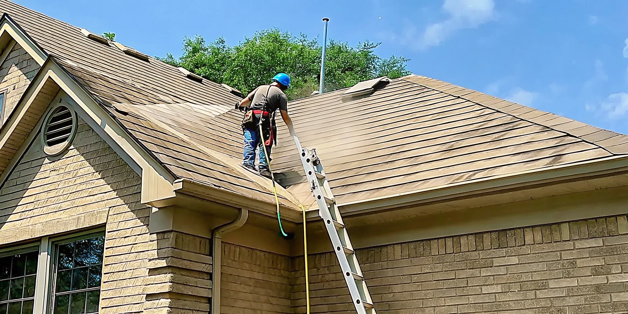 Professional soft washing technician applying low-pressure biodegradable cleaning solution on a residential roof with safety equipment