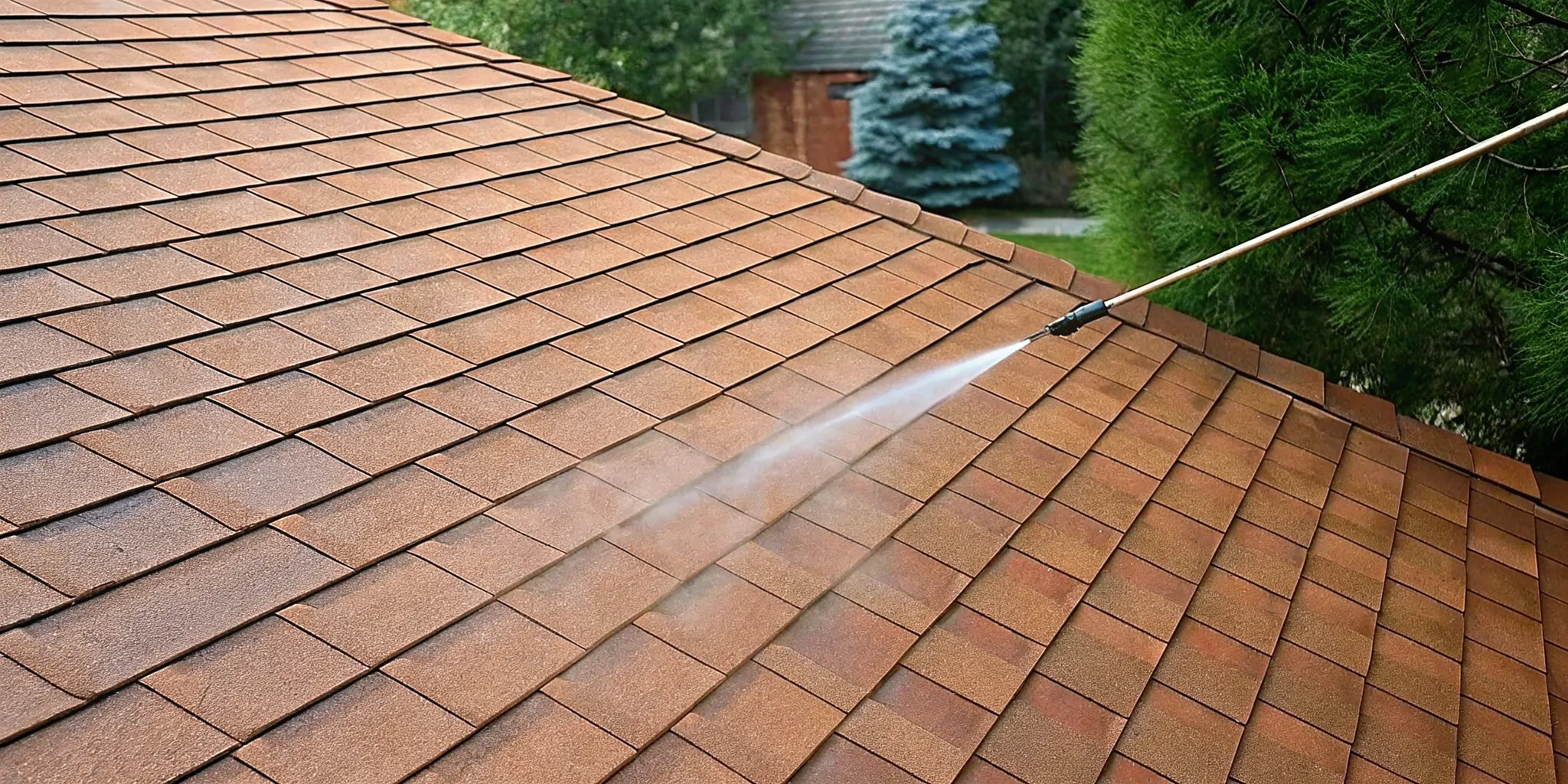 Black streaks on roof being treated with a low-pressure soft wash