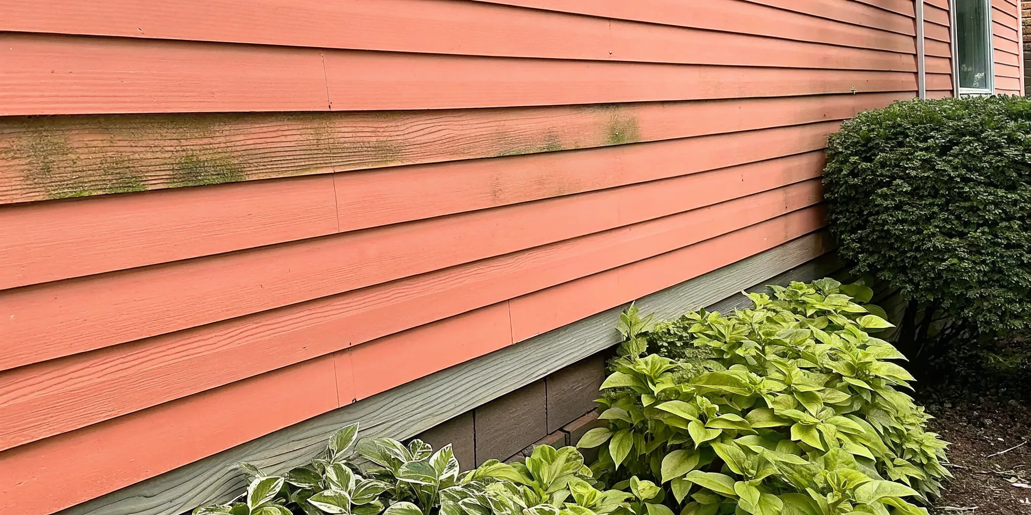 Green algae stains growing on shaded vinyl house siding in Long Island