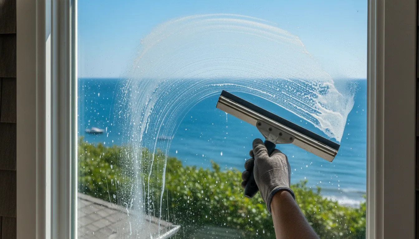 Salt and hard-water deposits streaking a coastal window pane before professional exterior window cleaning