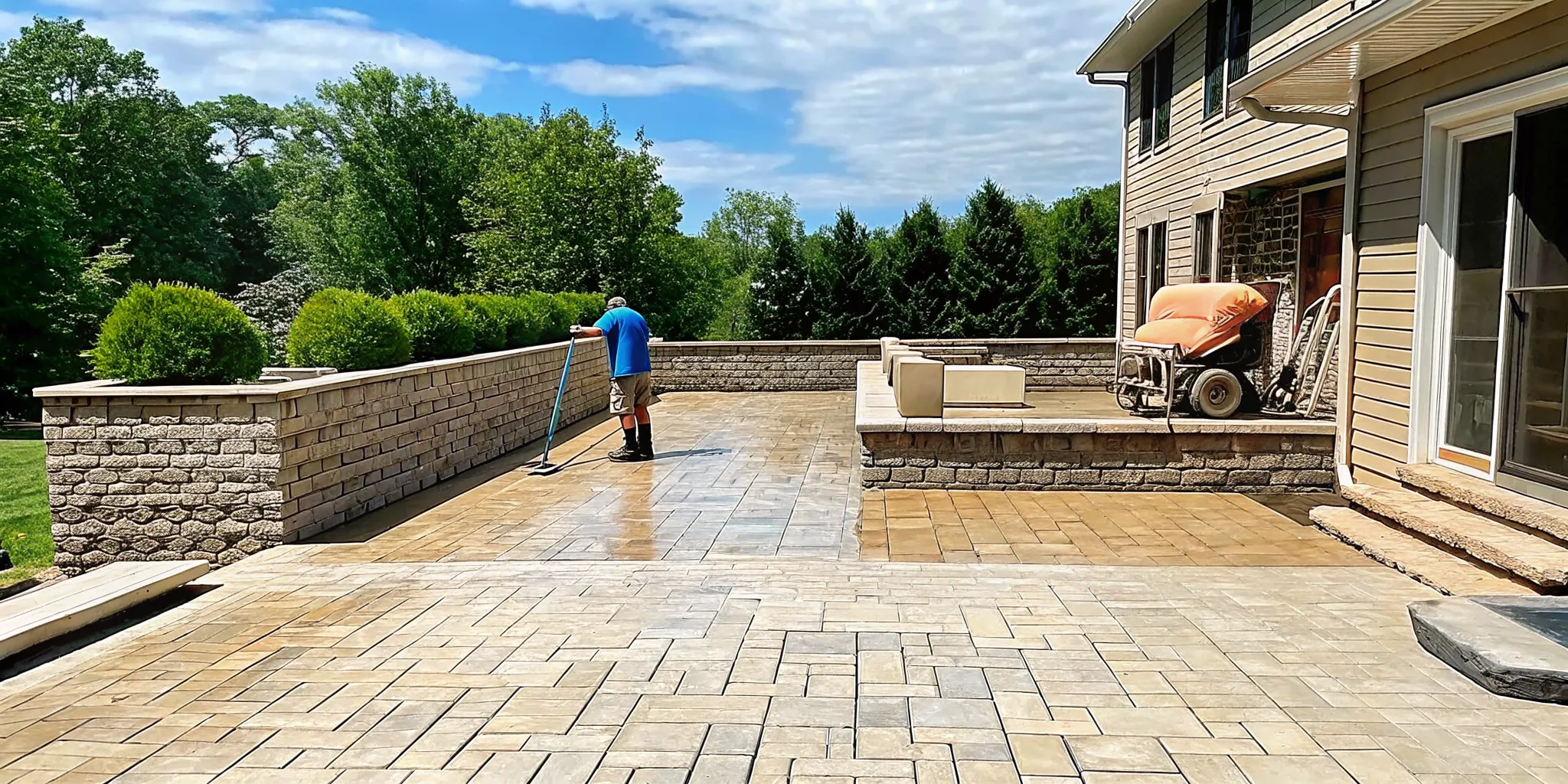 A professional soft washing technician applying a joint stabilizing sealer to a luxury brick paver patio on Long Island