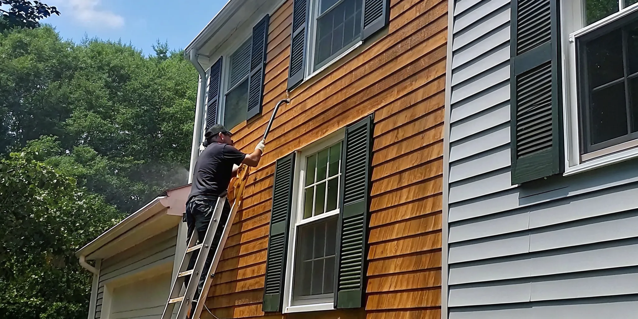 Gulf2Bay Softwash technician cleaning vinyl house siding using low-pressure soft wash equipment