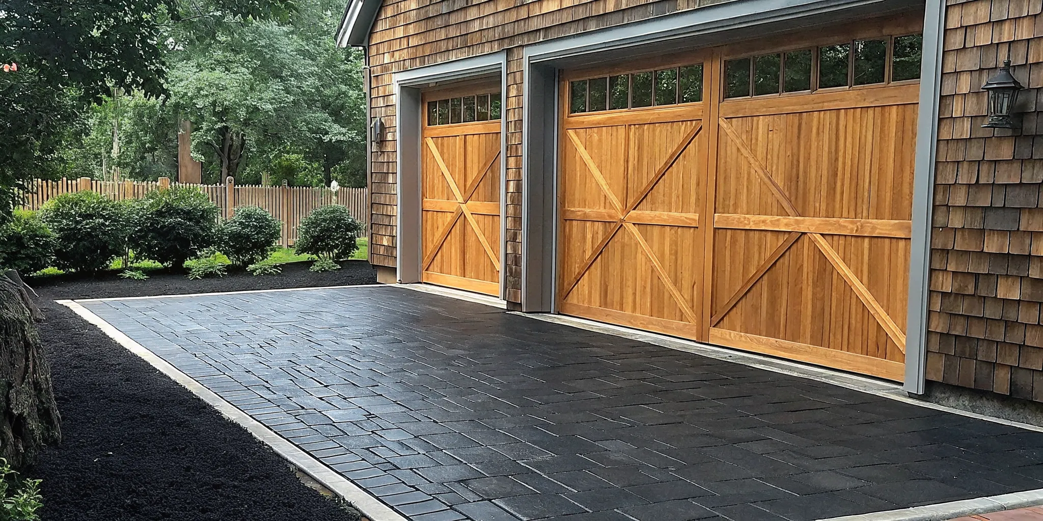 A beautifully sealed brick paver driveway with perfectly stabilized sand joints in a luxury Hamptons backyard