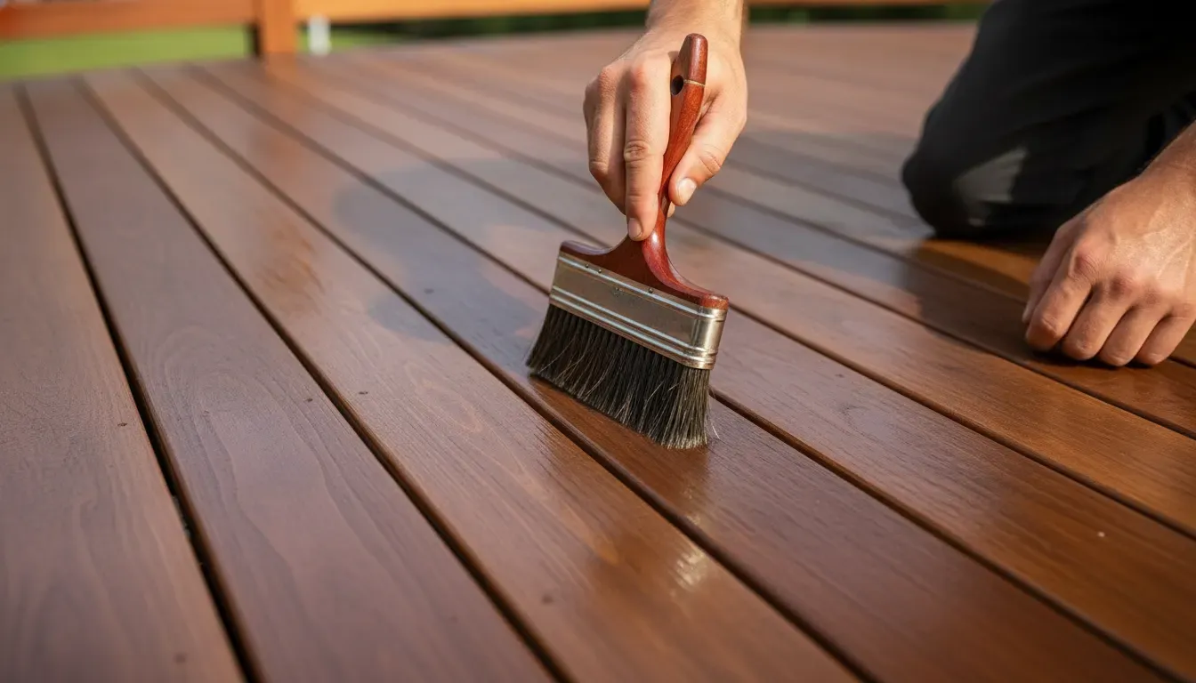 Applying hardwood oil along the grain of cleaned Ipe deck boards