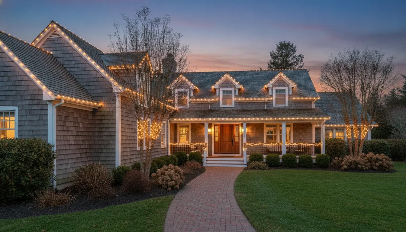 Holiday lights outlining a Long Island cedar-shingle home at dusk