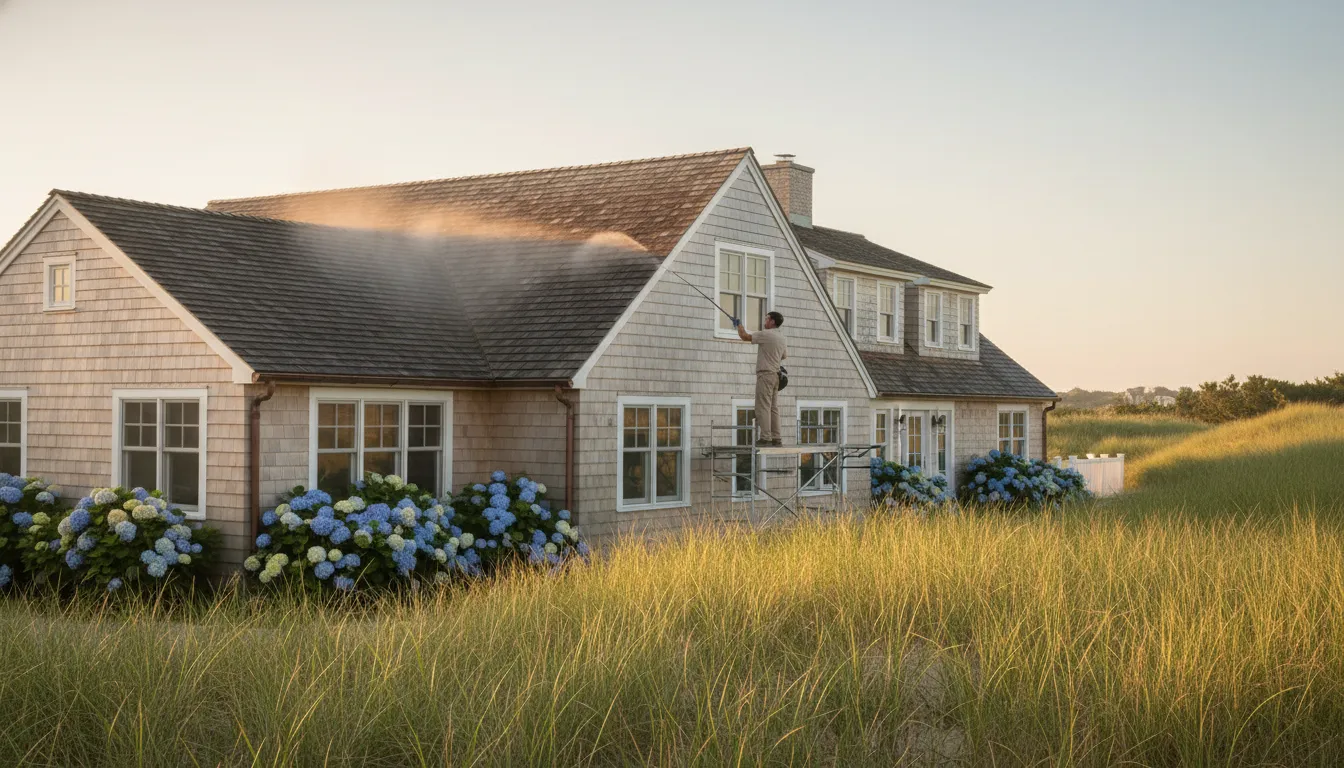 Low-pressure roof cleaning Hamptons service on a coastal home