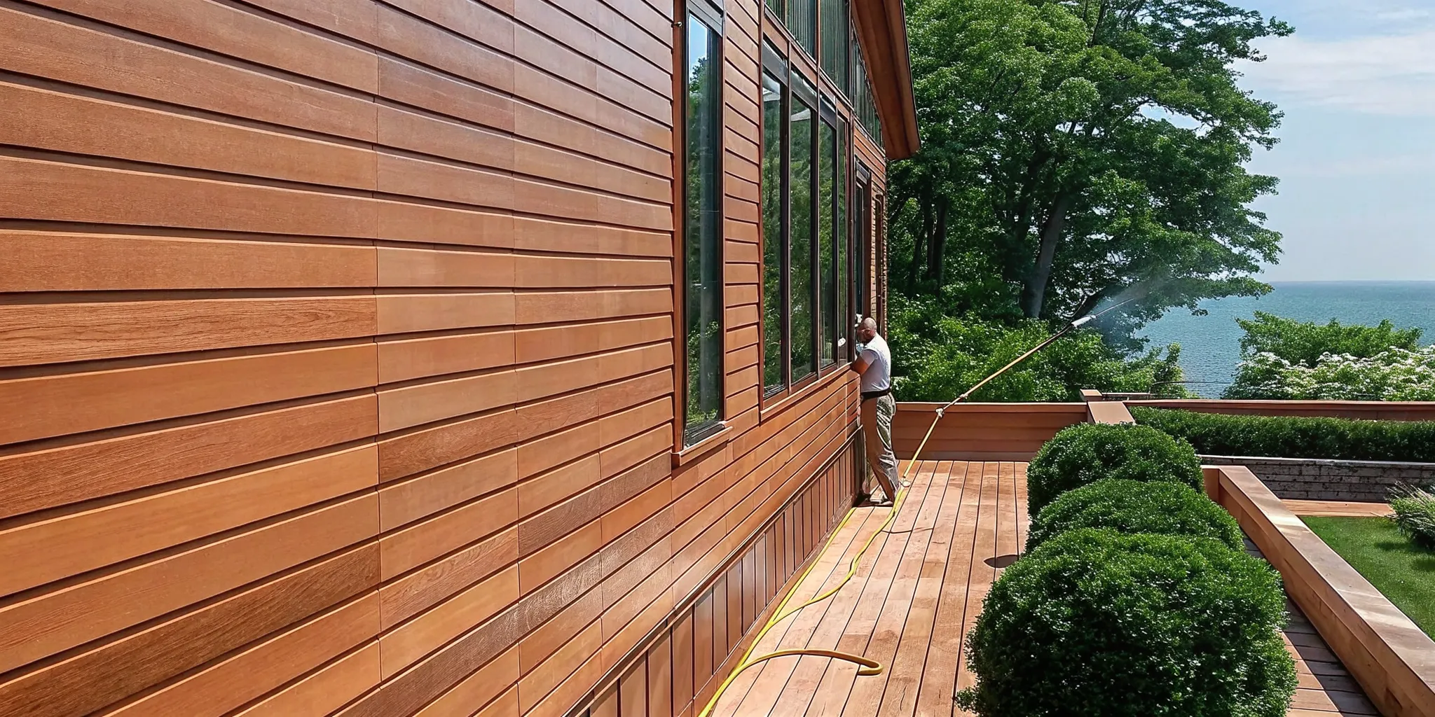Professional removing salt spray from windows at a Long Island waterfront home