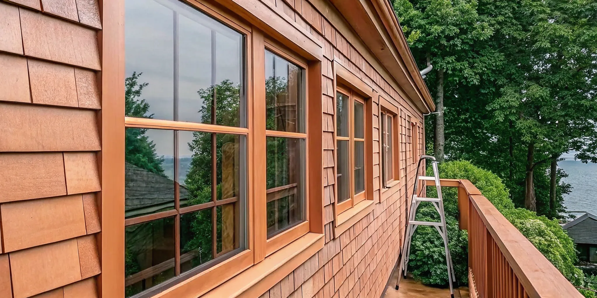 Professional gently rinsing salt spray from waterfront home windows