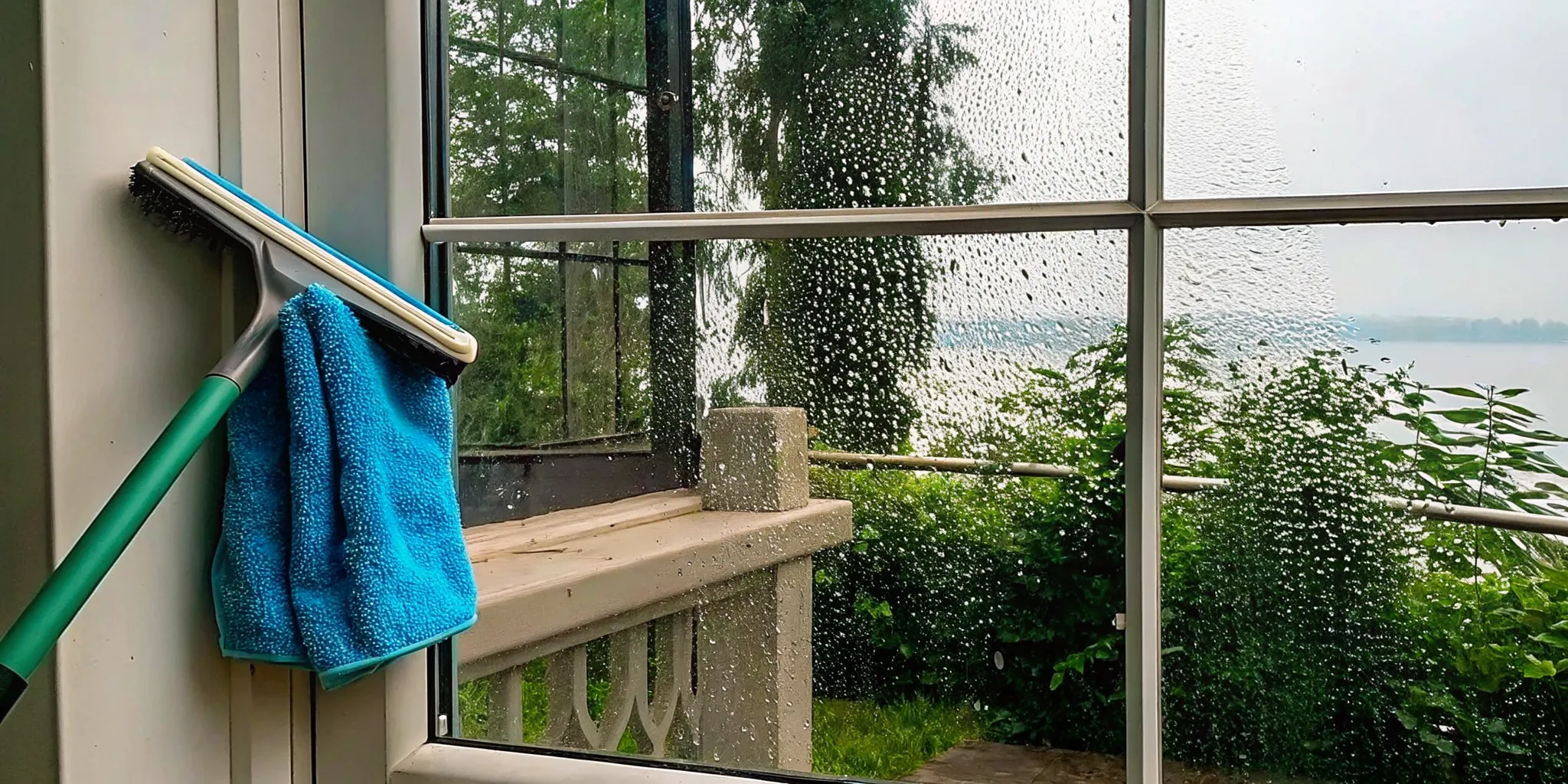 Microfiber cloth and squeegee used to remove salt spray from windows