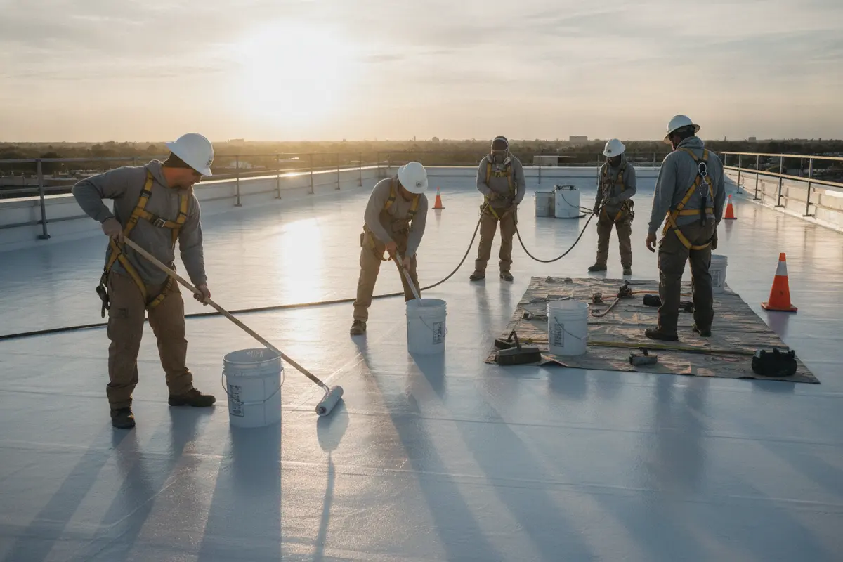 A crew applies a reflective coating to a commercial roof