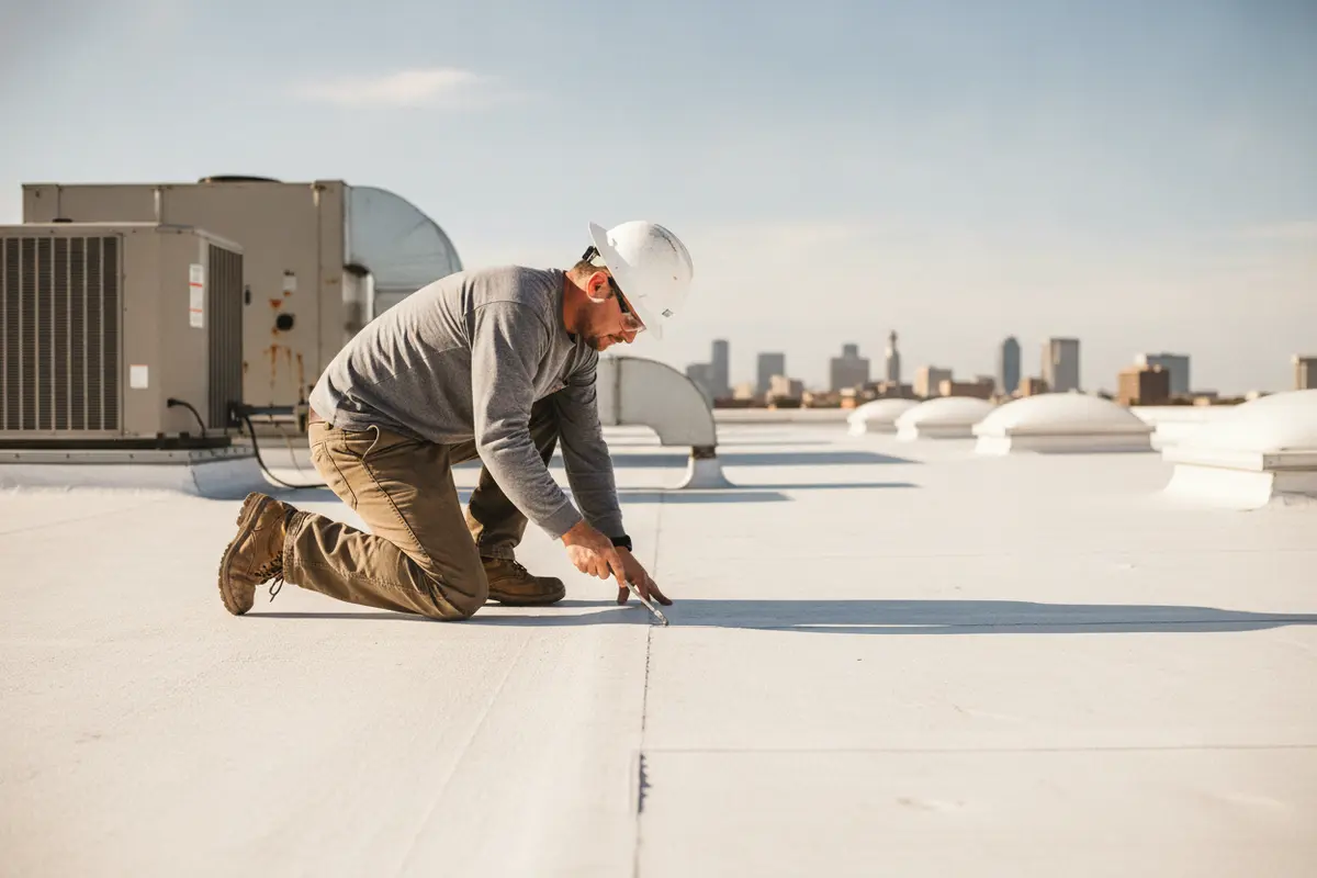 A professional checks the surface and seams of a commercial roof