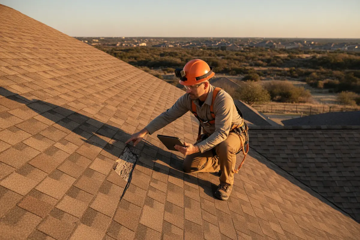 A roofing professional documents roof conditions during an inspection
