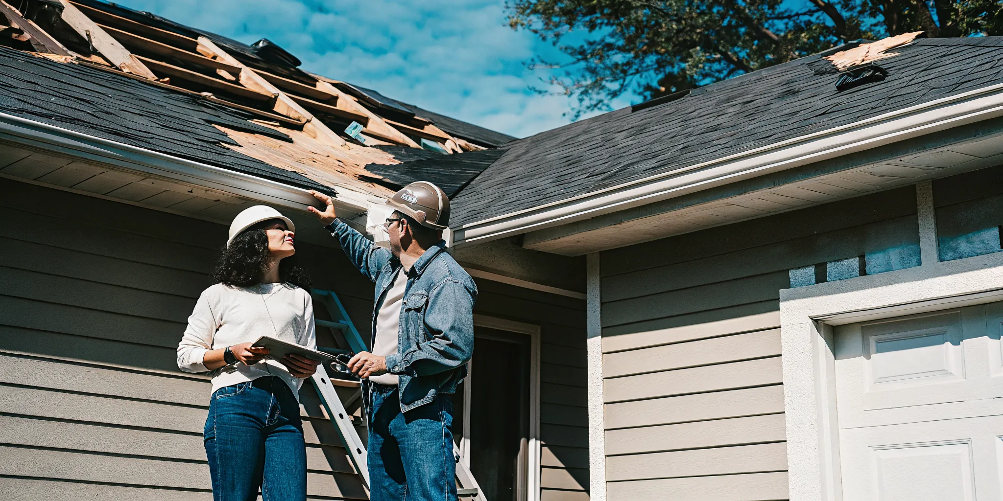 Texas homeowner reviewing a storm damage repair plan with a roofing contractor