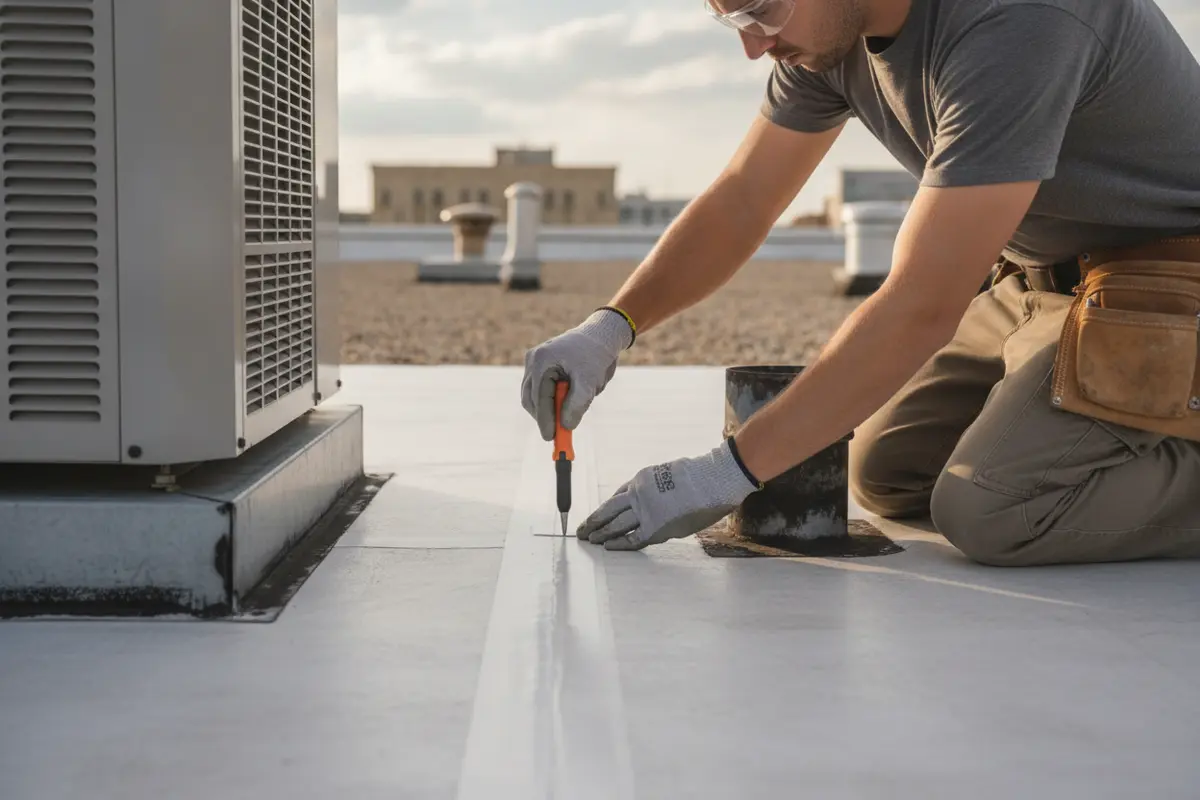 Close view of a roofer checking a seam and flashing detail on a commercial roof membrane