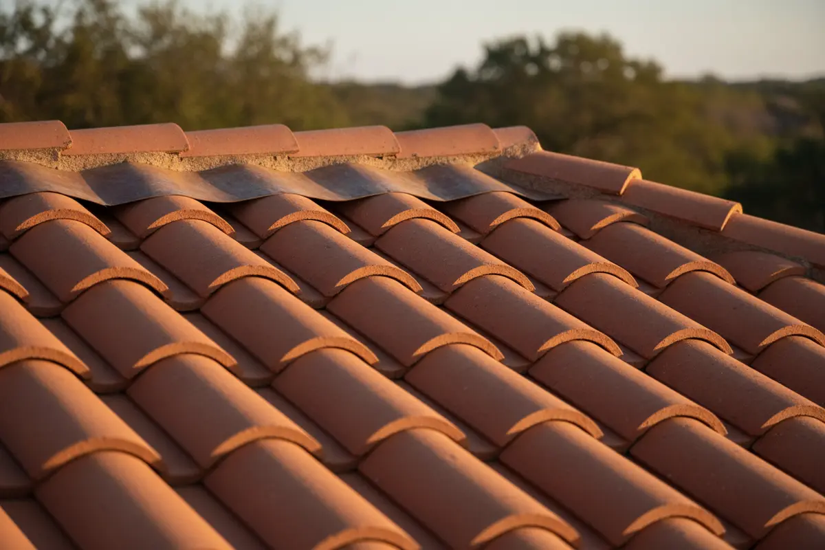 Close view of carefully aligned roof tiles at a ridge and flashing detail