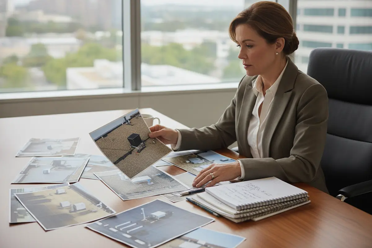 Commercial property manager reviewing roof inspection photographs and notes