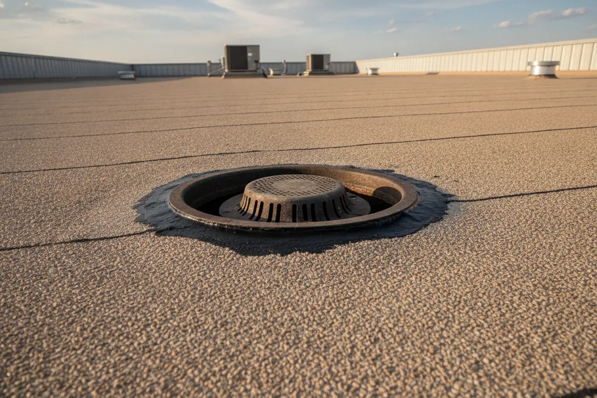 Commercial roof drain and surrounding membrane detail viewed during a roof inspection