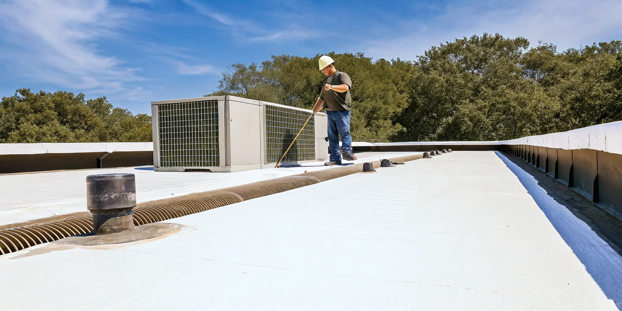 Commercial roofer inspecting drainage on a low-slope Texas roof