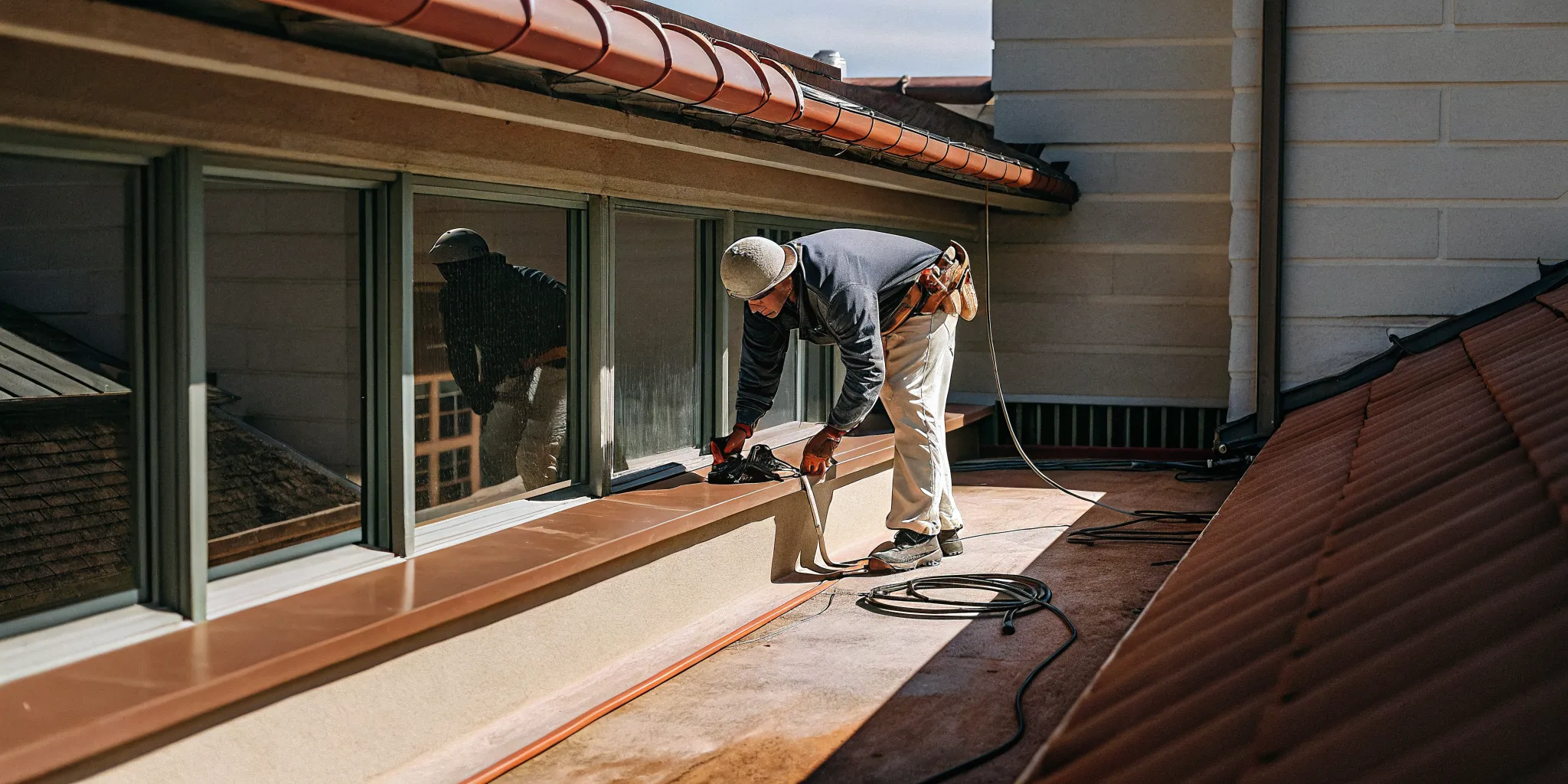 Commercial roofing professional documenting flashing and rooftop equipment